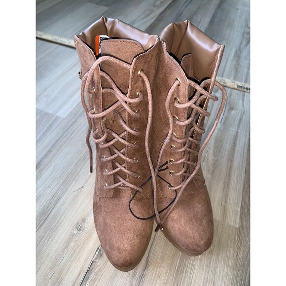 NWOT Shoedazzle Brown Faux Leather high heel platform lace up ankle boots sz 7.5 - Picture 1 of 8